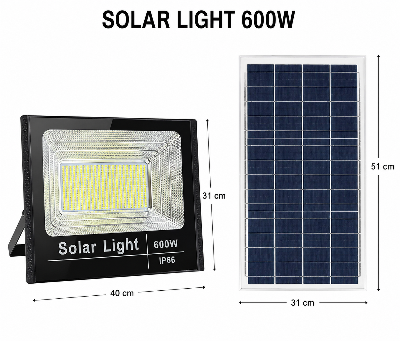 Foco Solar LED 600W IP66 con Panel Solar Luz Exterior de Alta Potencia con Control Remoto
