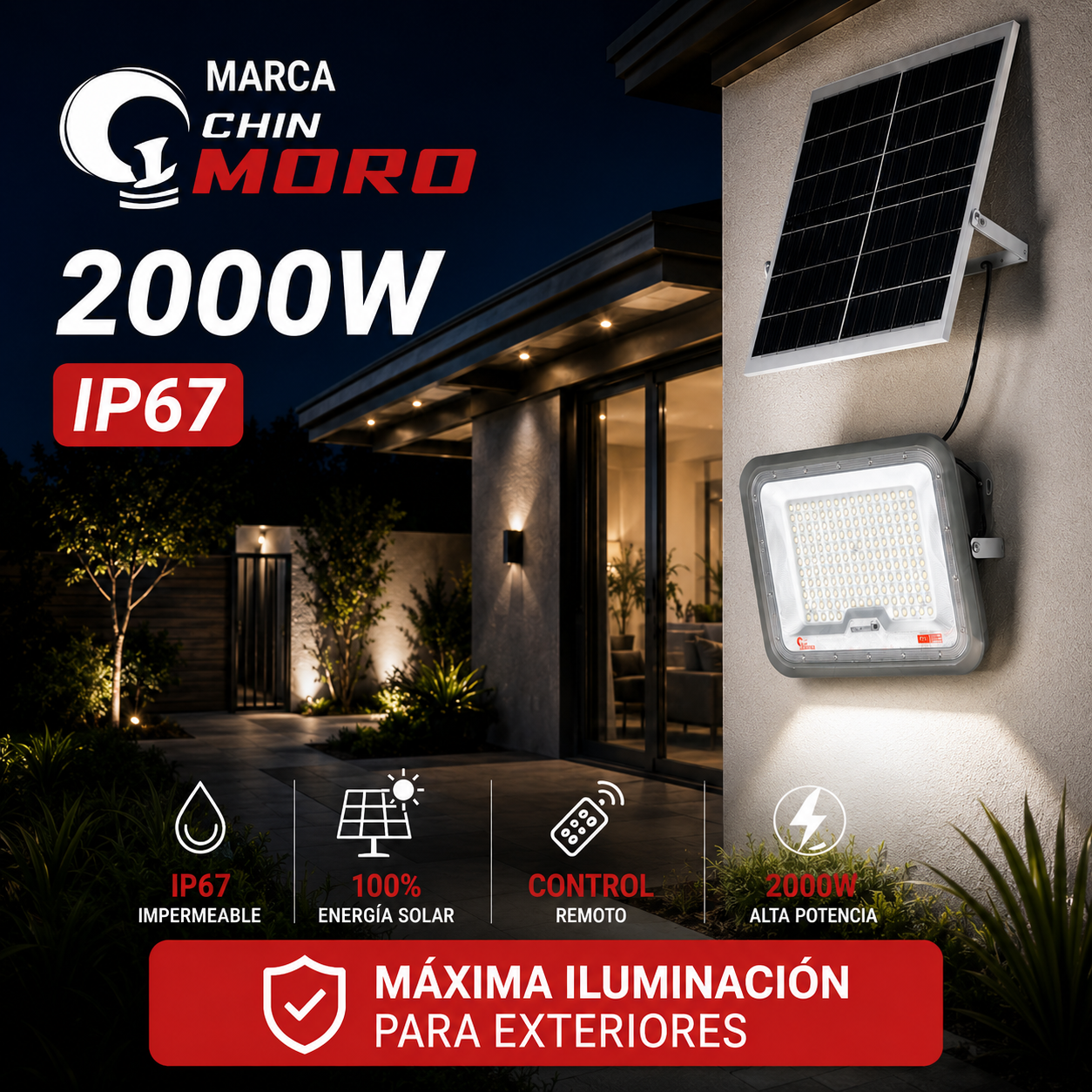 Foco Solar Led 2000w IP67 Con Panel Solar y Control Remoto Alta Potencia 160 Leds Luz Fría Exterior