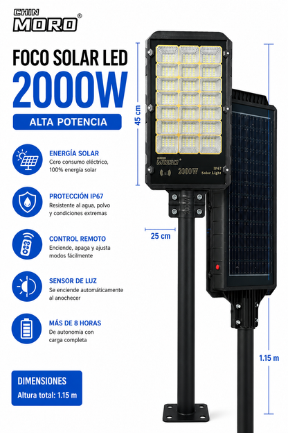 Foco Solar LED 2000W Chin Moro IP67 con Sensor de Movimiento y Control Remoto