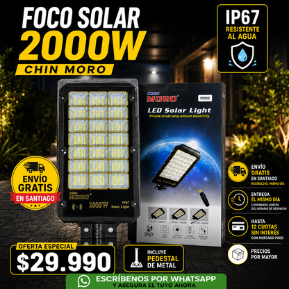 Foco Solar LED 2000W Tipo Poste Exterior con Sensor de Movimiento, Control Remoto IP67