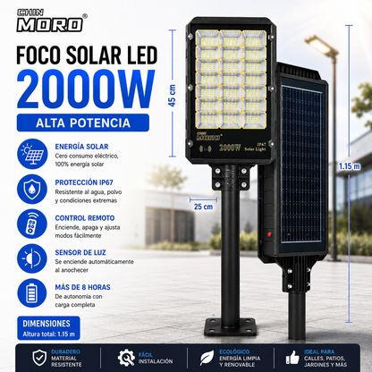Foco Solar LED 2000W Tipo Poste Exterior con Sensor de Movimiento, Control Remoto IP67