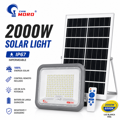 Foco Solar Led 2000w IP67 Con Panel Solar y Control Remoto Alta Potencia 160 Leds Luz Fría Exterior