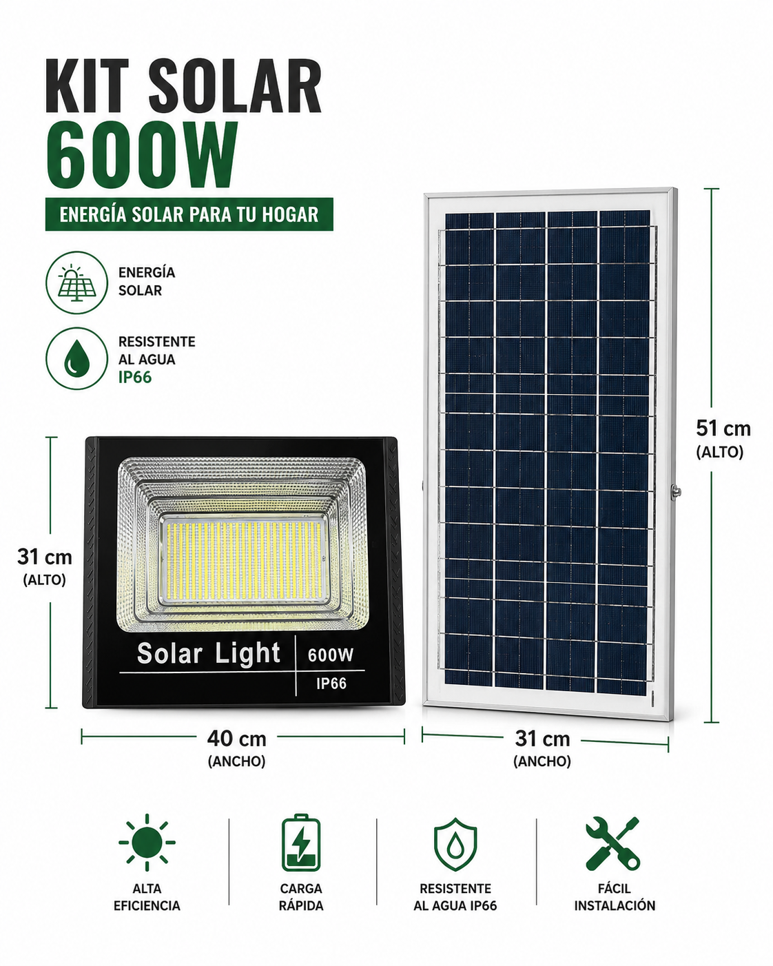 Foco Solar LED 600W IP66 con Panel Solar Luz Exterior de Alta Potencia con Control Remoto