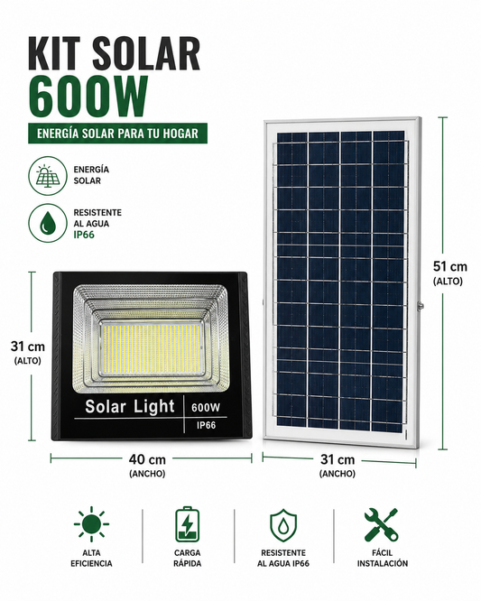 Foco Solar LED 600W IP66 con Panel Solar Luz Exterior de Alta Potencia con Control Remoto