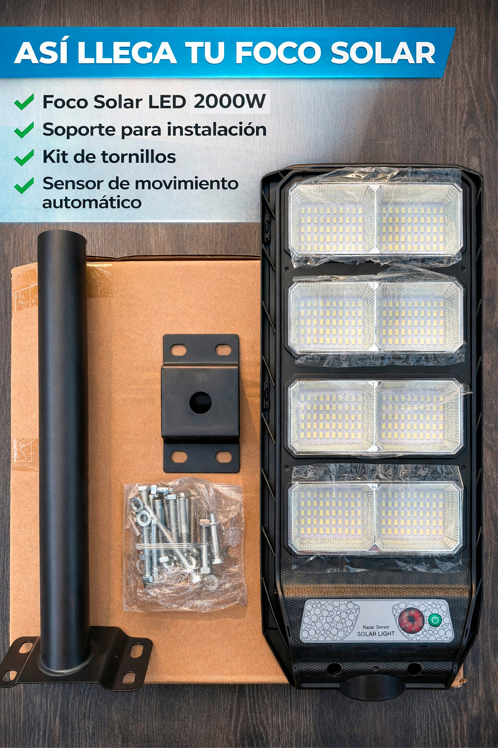 FOCO SOLAR 2000W CON PEDESTAL + SENSOR MOVIMIENTO