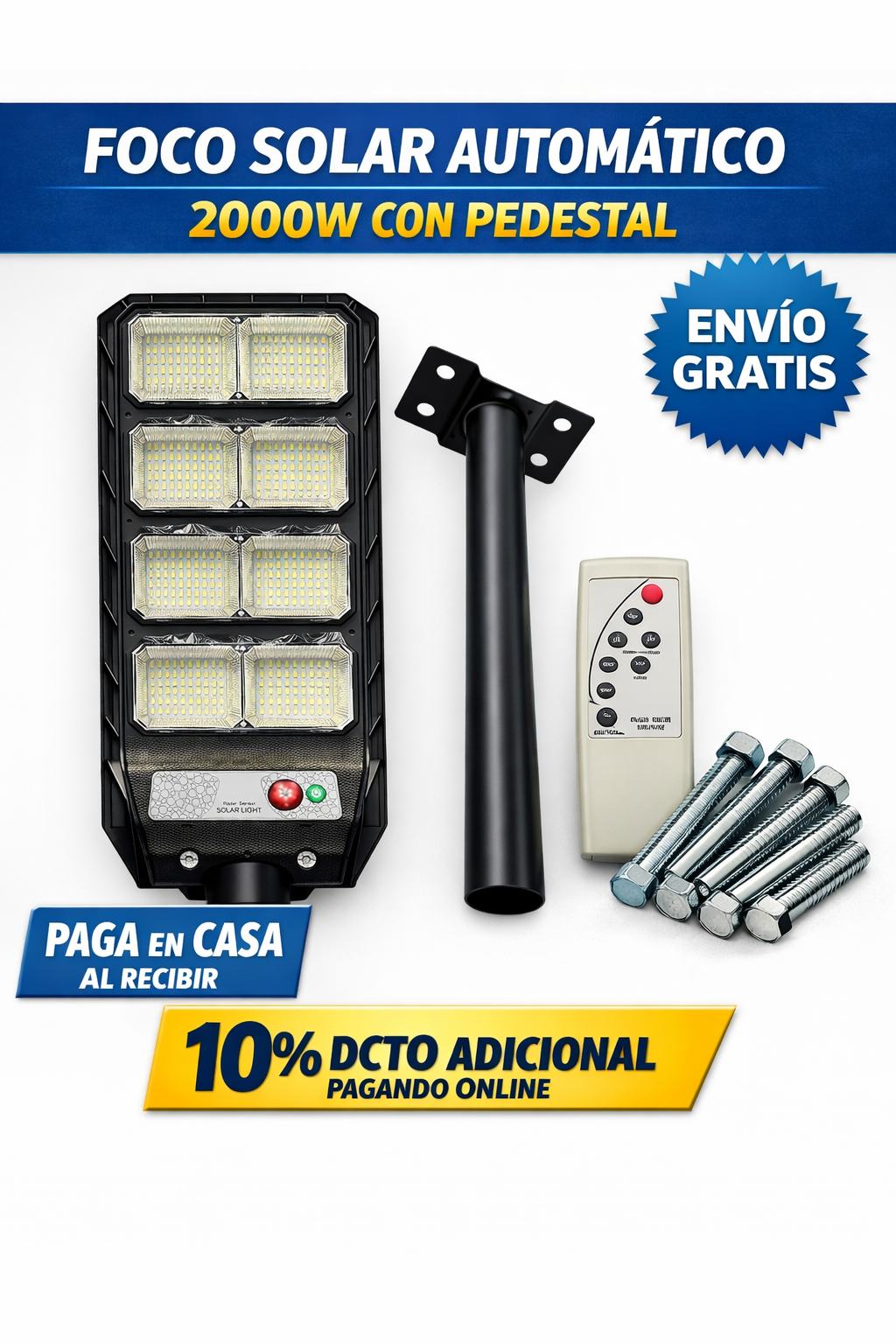 FOCO SOLAR 2000W CON PEDESTAL + SENSOR MOVIMIENTO
