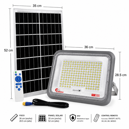 Foco Solar Led 2000w IP67 Con Panel Solar y Control Remoto Alta Potencia 160 Leds Luz Fría Exterior