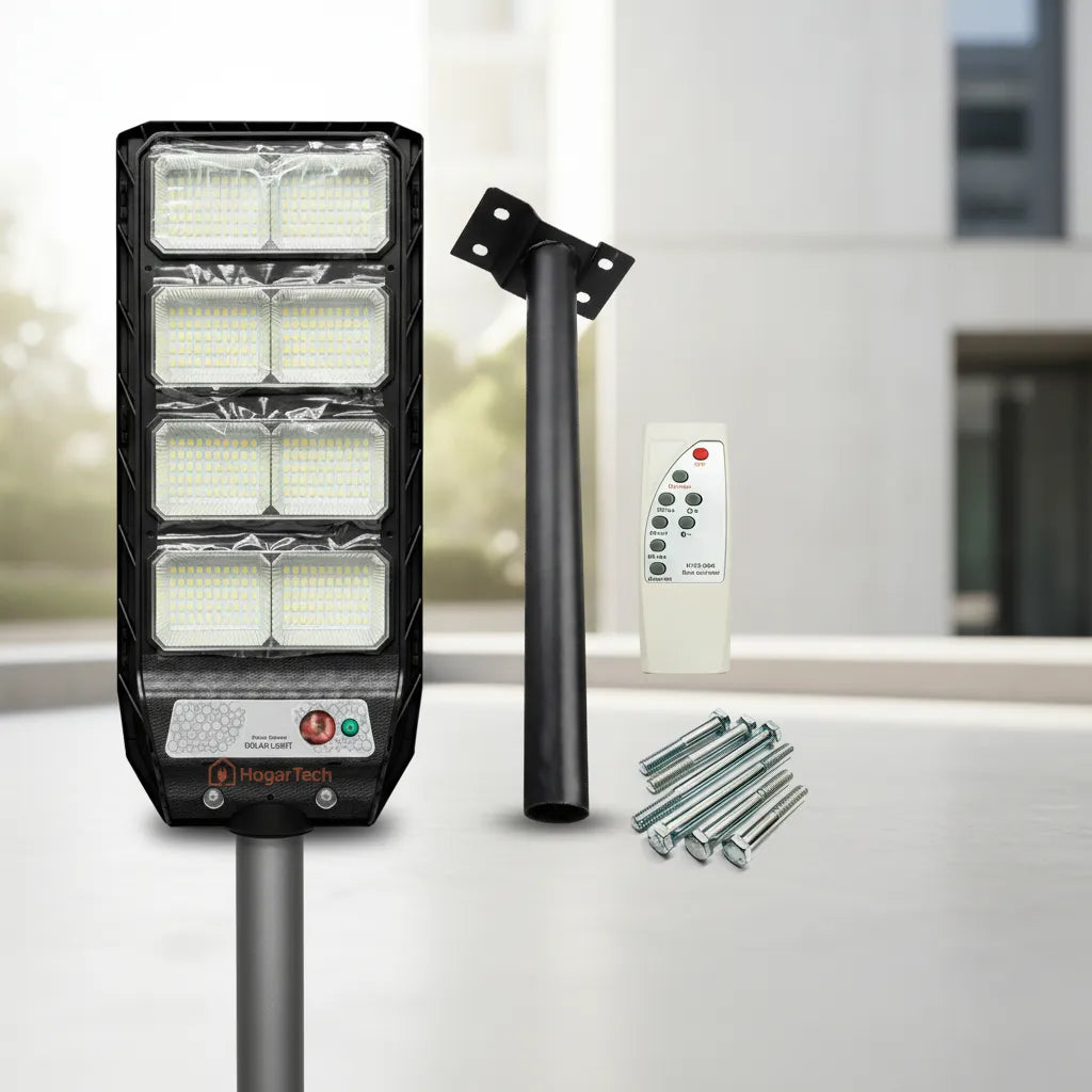 FOCO SOLAR LED 2000W CON PEDESTAL Y SENSOR DE MOVIMIENTO