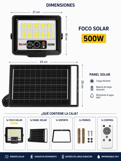 Foco Solar LED 500W Exterior con Sensor de Movimiento IP67